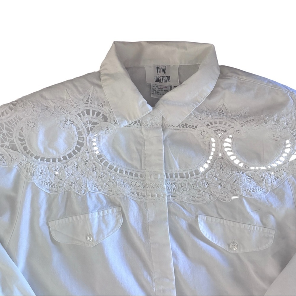 Vintage white lace appliqué western style button down blouse- cotton - XL - Picture 4 of 8